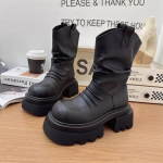 Platforma Moteri&scaron;ki Ankle Boots Odiniai Dizainerio Klostuoti Vidutinio Kulno Batai Moteriai 2024 Tendencija Goth Nauji Chelsea Batai Žieminiai Mujer Botas 35 juoda