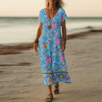 Vasaros suknelė Moteri&scaron;ka ilga Boho paplūdimio suknelė Eleganti&scaron;ka Maxi suknelė V formos i&scaron;kirpte Trumpomis rankovėmis Vasarinė tunikos suknelė Lengva, orui laidi L