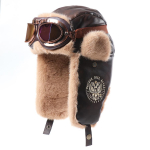 Retro PU odos pilotų Lei Feng kepurė vyri&scaron;ka žiemos aksominė su ausų apsauga ir akiniais dvigalvis erelis &scaron;alčiui atspari &scaron;ilta medvilninė kepurė One size fits all black