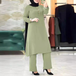 Moteri&scaron;kas islamo musulmoni&scaron;kas laisvas Ramadano drabužių rinkinys i&scaron; dviejų dalių: palaidinė ir plačios kelnės, musulmoni&scaron;kas komplektas, diržas, mar&scaron;kiniai su vienu sagos užsegimu L &scaron;viesiai žalios spalvos