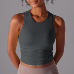 Dvipusis nailoninis vienspalvis aptemptas pilvą dengiantis sportinis vestas apvalia i&scaron;kirpte bėgiojimui, fitnesui, jogai, ilgas topas moterims S