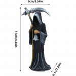 &Scaron;ventosios Mirties Statula Stovinti Dalgininkė Derva Rankdarbiai Statulėlė Santa Muerte Mirties Angelas Laikantis Dalgį Helovino Dekoracija pilka
