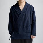 Kinų stiliaus Tang kostiumas Hanfu vyri&scaron;kas lininis ilgomis rankovėmis įstrižas užsegimas vir&scaron;utinė dalis Retro medvilninė ir lininė striukė Zen pasauliečio chalatas XXXL tamsiai mėlyna spalva