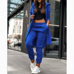 Moteri&scaron;kas madingas kasdienis flisinis kostiumas su gobtuvu XL mėlyna