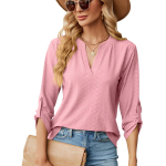 Women's Autumn/Winter Solid Color V-Neck 3/4 Sleeve Button Loose T-Shirt Top Large