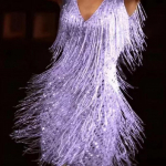 Moterų džiazo lotynų &scaron;okių leotardas Rumbos kaklas kutai blizgučiai kutai suknelė &scaron;okių apranga XL violetinė