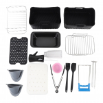 Gruzdintuvės priedų rinkinys, grilio stovas su ie&scaron;melių įdėklais, silikoninis &scaron;epetėlis, maisto žnyplės, gruzdintuvės kepimo forma