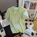 Sweet Peter Pan apykaklė balta megzta palaidinė Moteri&scaron;ki laisvalaikio mar&scaron;kinėliai trumpomis rankovėmis, vasariniai mar&scaron;kinėliai, moteri&scaron;ki mar&scaron;kinėliai 24119 One Size