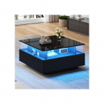 Modernus ir blizgantis LED kavos staliukas, 70*70*41cm, su 2 stalčiais ir skaidriu ekrano pavir&scaron;iumi - 30 kg apkrovos talpa