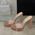 Madingi Liyke vasariniai kvadratiniu priekiu 12CM storio auk&scaron;takulniai platforminiai &scaron;lepetės moteri&scaron;kos masyvios basutės PVC skaidrios avalynės moterims Zapatos Mujer 35 abrikosas