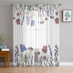 Blue Wildflowers permatomos užuolaidos, skirtos svetainei miegamajam virtuvei tiulio užuolaidos namų dekoratyvinės permatomos plok&scaron;tės 135W x 114H(cm)