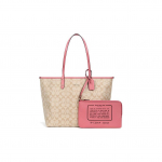 Coach Reversible City 33 Dvipusė monogramos drobės ir odinė pirkinių rankinė Moteri&scaron;kos pirkinių rankinės Chaki Rožinė 36658-IMBE5 Basic Set (Bag+Dust Bag)