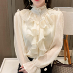 Ruffles Nėriniai Moteri&scaron;ka palaidinė Eleganti&scaron;ka balta moteri&scaron;ka mar&scaron;kiniai stovi apykaklės mygtukas &Scaron;ifoniniai mar&scaron;kiniai ilgomis pūstomis rankovėmis Madingi laisvi vir&scaron;ūnės 12946 XL