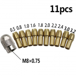 11 vnt., 0,5&ndash;3,2 mm žalvariniai gręžimo griebtuvai, įvorės 4,8 mm koto varžto veržlės keitimas