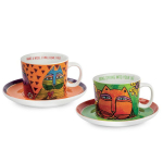Laurel Burch [A2687] - Coffret duo d&eacute;jeuner porcelaine 'Laurel Burch' orange vert (chats) - tasse 9x7 cm (340 ml)