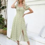 Laisvalaikio gėlėmis marginta suknelė auk&scaron;tu juosmeniu vasarinė Seksuali A formos trumpomis rankovėmis suskleista vakarėlio suknelė moterims 2023 m. madinga Vestidos 25280 S &scaron;viesiai žalios spalvos