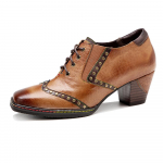 &bdquo;Johnature&ldquo; natūralios odos moteri&scaron;ki pompai, rankomis dažyti vintažiniai kvadratiniai pir&scaron;tai, suvarstyti storu kulnu auk&scaron;takulniai batai