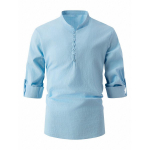 Vasaros sagos Vyri&scaron;ki vir&scaron;utiniai mar&scaron;kinėliai Vintažiniai vienspalviai medvilniniai lininiai stovi kaklo mar&scaron;kiniai ilgomis rankovėmis Vyri&scaron;ki drabužiai