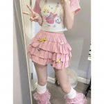 Kawaii Lolita Moteri&scaron;kas sijonas su raukiniais sluoksniuotas auk&scaron;tu juosmeniu Cutecore mini sijonas &scaron;ortai Harajuku japoni&scaron;ko stiliaus mink&scaron;ta mergina XL rožinė