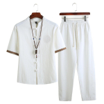 Men's Linen Shirts+Long Pants Male Chinese Style 2 Pieces Hanfu Tracksuit Tang Suit Summer Men Streetwear Jogger Sets 5Xl 5XL balta