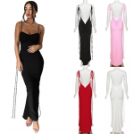 Moteri&scaron;ka suknelė be rankovių Seksuali suknelės be nugarų Bodycon Deep V formos i&scaron;kirpte Vasarinės juostelės ilgos suknelės moteri&scaron;kiems drabužiams Juoda balta vientisa suknelė su apynasriu S rožinė