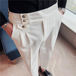 Briti&scaron;ko stiliaus vyri&scaron;ki auk&scaron;to juosmens kostiuminės kelnės Rudeninės vienspalvės kasdienės kelnės Slim fit formalaus kostiumo kelnės Madingi vyri&scaron;ki drabužiai 32 balta