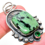 Ruby Zosite, Diopside Lab-Created 925 Sterling Silver Pendant 2.05 h9y14