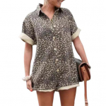 Moteri&scaron;kas vasarinis mar&scaron;kinys leopardo ra&scaron;tu trumpomis rankovėmis apykaklė trumpomis rankovėmis Vienaeilis laisvas atostogų stiliaus trumpas &scaron;liaužtinukas XL Leopard Print