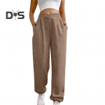 Moteri&scaron;kos sportinės kelnės auk&scaron;tu juosmeniu, laisvo kirpimo, su ki&scaron;enėmis, kryžiuotu juosmeniu, bėgiojimui, atletinės kelnės, patogios treniruočių kelnės L juoda