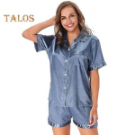 2 vnt./kompl. Pižamos kostiumas satininis vienboris kardiganas mar&scaron;kiniai V formos i&scaron;kirpte atlapinis apykaklė vienspalviai mar&scaron;kiniai su krūtinės ki&scaron;ene laisvi &scaron;ortai naktinių mar&scaron;kinių kostiumas naktiniai drabužiai M &scaron;ampanas