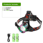 Didelės galios LED priekinis žibintas, 30 W, itin ry&scaron;kus, 1000 m ilgio nuotolio įkraunamas LED žibintas su fluorescenciniu žvejybos galvos žibintu Headlamp - With Battery
