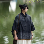Vasarinė Naujo Kinų Stiliaus Vintažinė Džinsinė Striukė Vyrams ir Moterims, Laisva Retro Sagomis Skalbta Džinsinė Vir&scaron;utinė Dalis M juoda