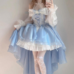 Mėlyna Lolita suknelė Romanti&scaron;ka Lolita Eleganti&scaron;ka suknelė Netaisyklinga Cosplay Princesės Pūstos rankovės Kaspinė Gėlių tinklas Fantasti&scaron;kos fėjų suknelės M mėlyna