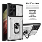 Slenkiojanti kamera Stumdomas langelis Kortelių lizdas Stovas Žiedo dėklas Samsung Galaxy S25 S24 Ultra S23 S22 S21 S20 Plus Magnetinis Itin tvirtas Apsauginis Laikiklio Dangtelis For Samsung S25Ultra pilka spalva