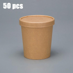 1 komplektas (50 vnt) 16 oz vienkartiniai sriubos puodeliai su ventiliuojamais dangteliais &ndash; Kraft maisto indai kar&scaron;tai sriubai, ledams, desertams ir jogurtui (Ruda) 50pcs