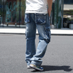 Men's American-Style Multi-Pocket Wide-Leg Loose Workwear Jeans, Large Size 46