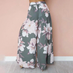 Moteri&scaron;kos &bdquo;Palazzo&ldquo; su gėlėmis geometriniu ra&scaron;tu elastingos auk&scaron;to juosmens varčios ilgos plačios kelnės Laisvos &bdquo;Culottes Maxi&ldquo; kelnės S pilka