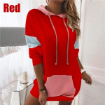 Nauja žieminė moteri&scaron;ka mada &scaron;ilta laisva megzta suknelė ilgomis rankovėmis su gobtuvu spalvų bloko mini suknelė plius dydis M raudona