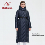 HaiLuoZi 2022 Moteri&scaron;ka žieminė striukė Madinga, ilgi iki kelių stori moteri&scaron;ki paltai Unikalaus dizaino sujungimas įstrižai diržo medvilninis parkas 6037 M tamsiai pilka spalva