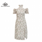 Eleganti&scaron;ka vintažinė Cheongsam suknelė, moteri&scaron;ka vasaros gėlėmis siuvinėti dizaino vakarėliui suskirstyta suknelė moteri&scaron;ka, retro stiliaus ilga pasakų suknelė