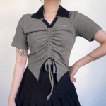 Trumpas Slim Vir&scaron;us Moterims Vintažinis V formos i&scaron;kirpimas Su rai&scaron;teliu Klostuotas Trumpomis Rankovėmis Vasarinis Seksualus Nereguliarus Mar&scaron;kinėlis Gotikinis Korėjieti&scaron;kas Crop Top S pilka