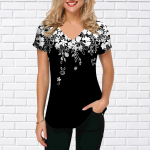 Moteri&scaron;ki V formos i&scaron;kirptės trumpomis rankovėmis saulėgrąžų baltos gėlės užuolaidų ra&scaron;to vir&scaron;ūnės laisvi mar&scaron;kinėliai kasdienė palaidinė XS balta