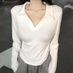 Vasaros trumpomis rankovėmis atlenkiamu apykaklės vir&scaron;us moteri&scaron;kas vienspalvis V formos kaklo megztinis retro saldūs mar&scaron;kiniai kar&scaron;tos merginos crop top moteri&scaron;ki liekninantys universalūs mar&scaron;kinėliai S juoda
