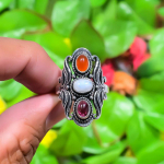 Natural Rainbow Moonstone, Carnelian Gemstone 925 Sterling Silver Ring S.11 i0r87