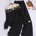 Moteri&scaron;kas laisvalaikio rudens dviejų dalių komplektas, laisvos kontrasto spalvos, vir&scaron;utinė apykakle ilgomis rankovėmis ir megztas kostiumas su plačiomis ki&scaron;eninėmis kelnėmis One Size juoda