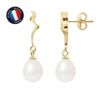 PERLINEA - Boucles d'Oreilles "Ruban" - V&eacute;ritables Perles de Culture d'Eau Douce 8-9 mm Blanc Naturel - Or Jaune - Bijoux Femme