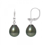 PERLINEA - Boucles d'Oreilles Dormeuses - V&eacute;ritables Perles de Culture de Tahiti Ovales 8-9 mm - Argent Massif - Bijoux Femme