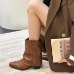 Woman Boots Shoes for Women 2024 Western Cowboy Thick Heels Retro New Rock Gothic Mid Calf Low Pointed Toe Autumn Winter Rivet 35 ruda