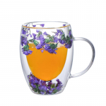 YWDL dvigubos sienelės stikliniai kavos puodeliai, dvigubai izoliuotas stiklinis puodelis mergaitei, Kalėdinė dovana, 350 ml gėlių dizainas 350ml violetinė