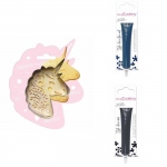 Kit pour biscuit en relief Licorne + 2 Stylos au chocolat bleu nuit et noir